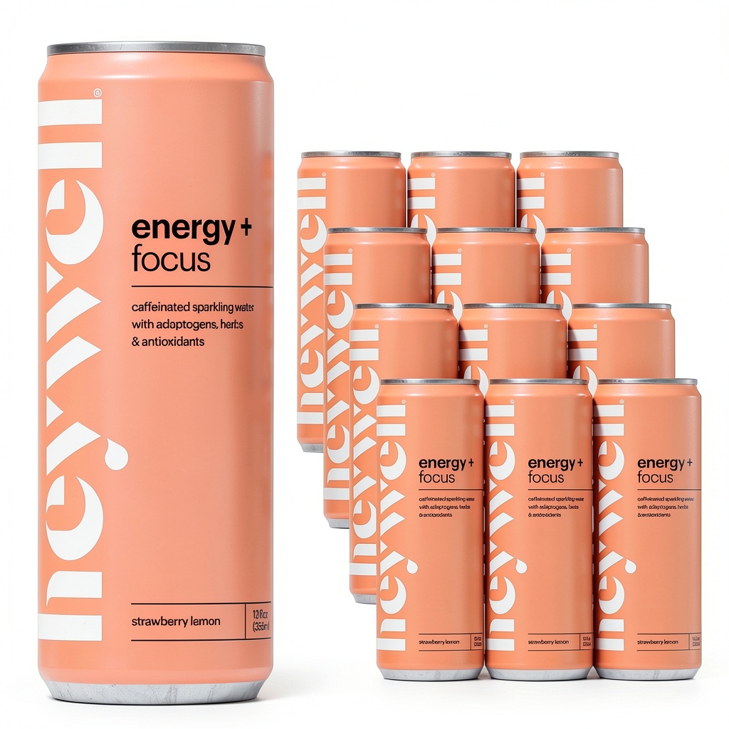 Heywell sparkling adaptogen water bottles on a desk