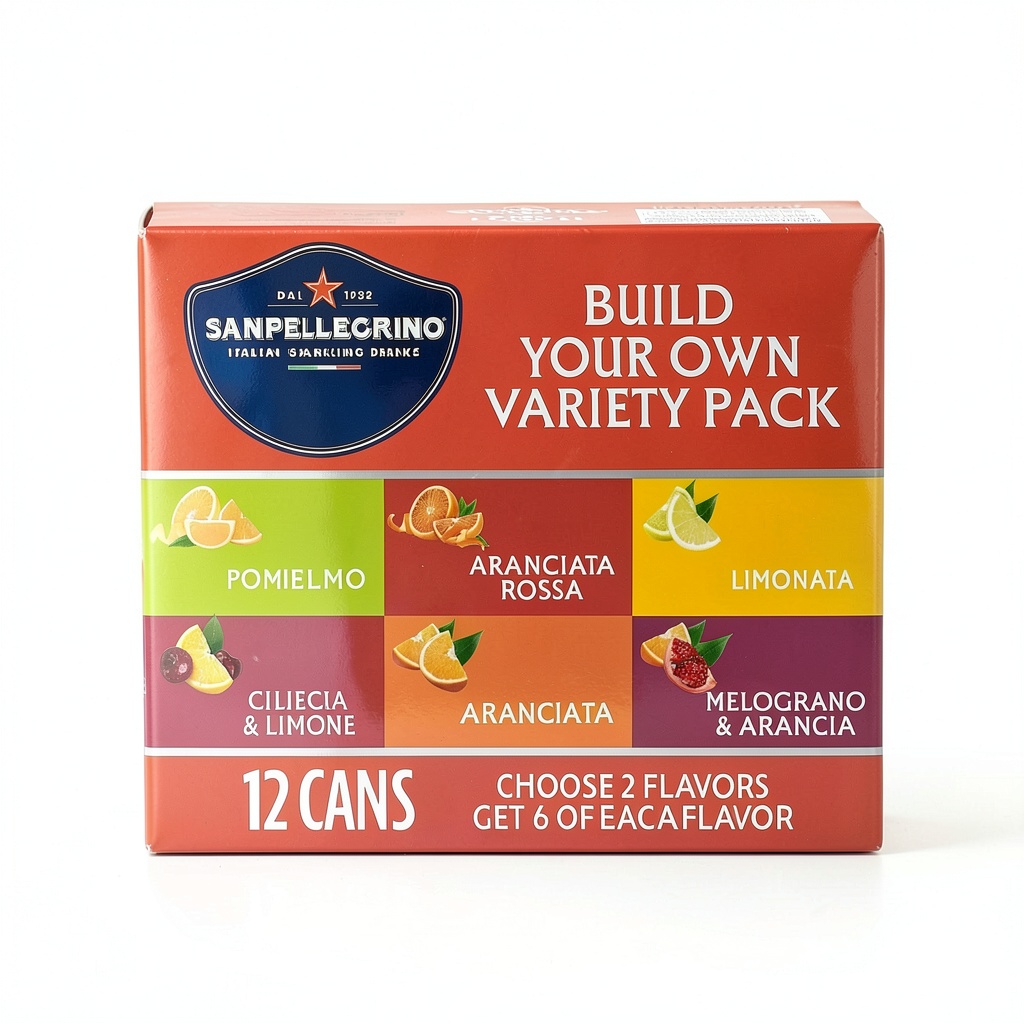 Sanpellegrino sparkling water cans displayed on a kitchen counter