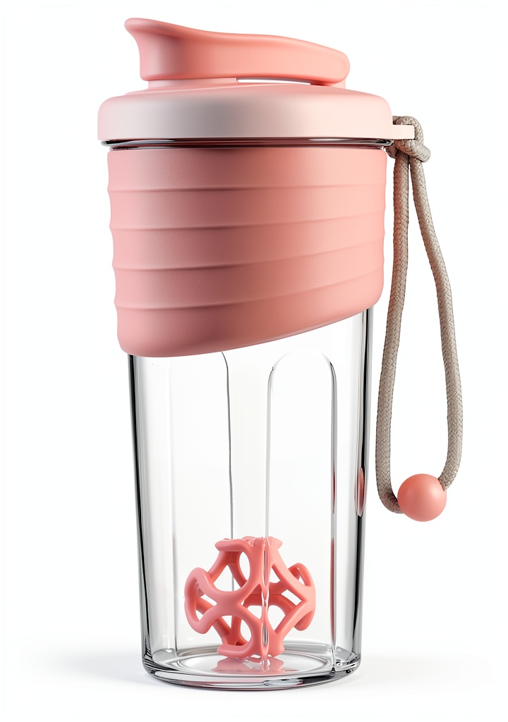 Kuoleopa Shaker Bottle BPA Free Leak Proof Protein Mixer on a gym bench with a protein scoop and water bottle