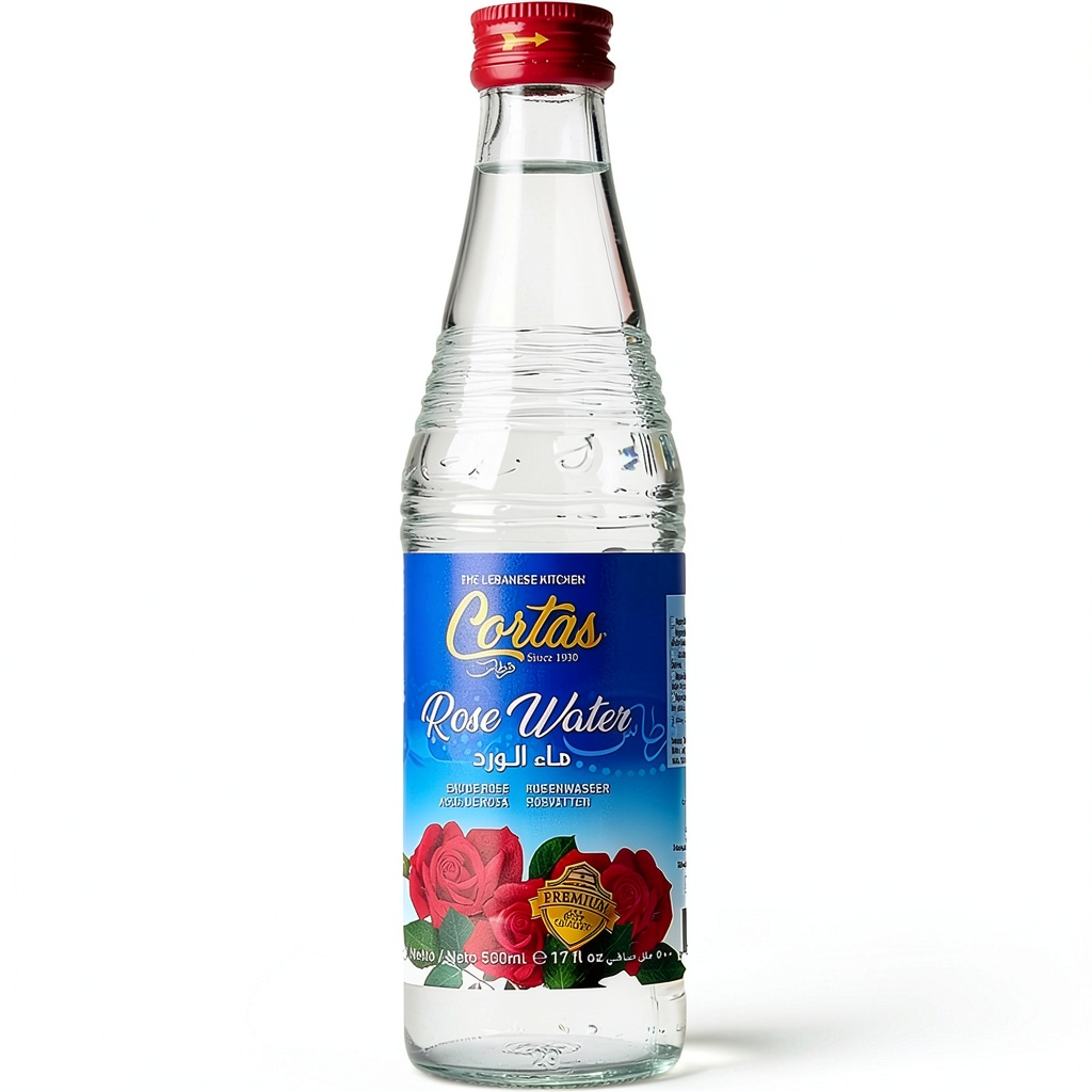 Rose water bottle on a kitchen counter