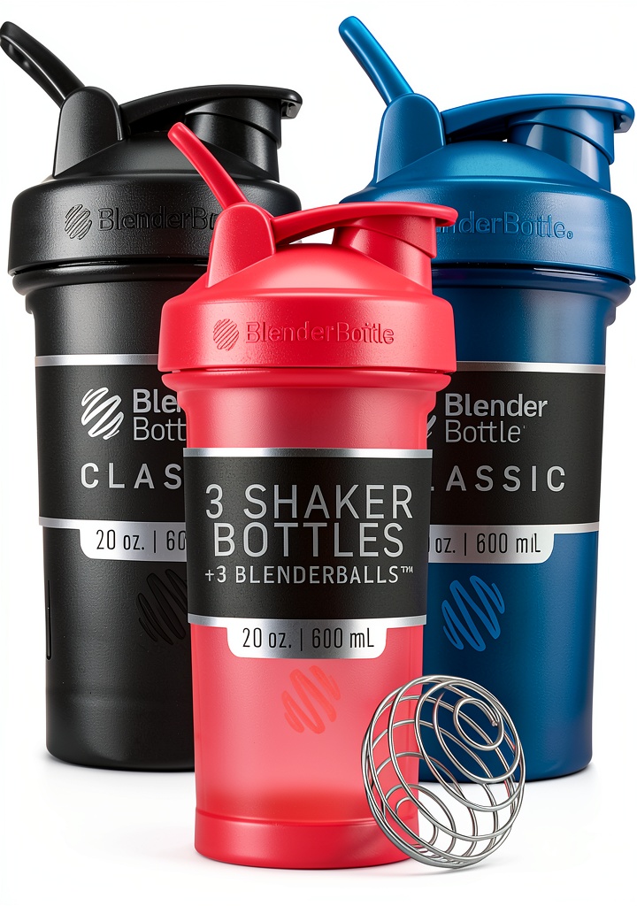 BlenderBottle Classic V2 shaker cups in black, navy, and pink colors on a gym background