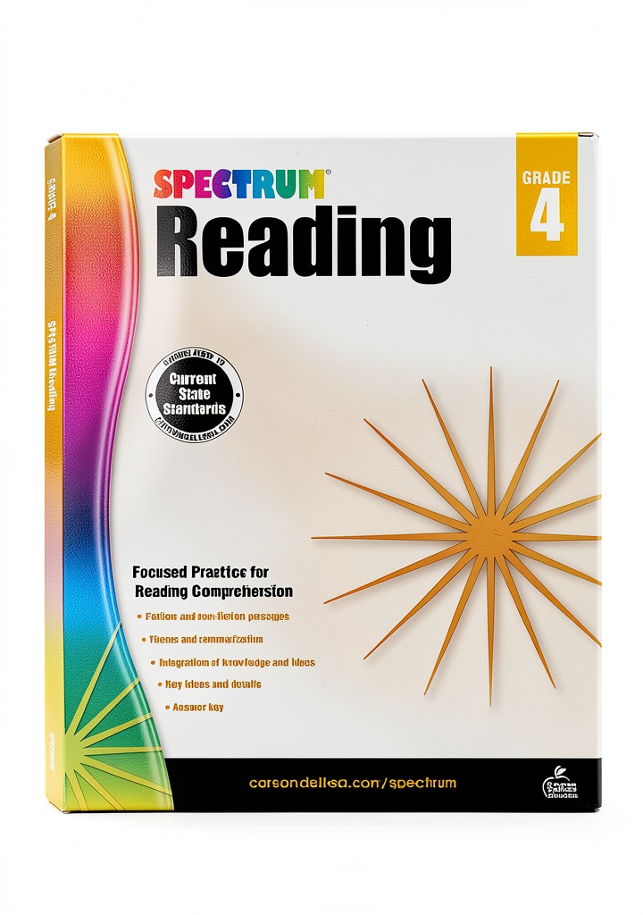 Carson Dellosa Spectrum Reading Grade 4 workbook laid out on a classroom desk