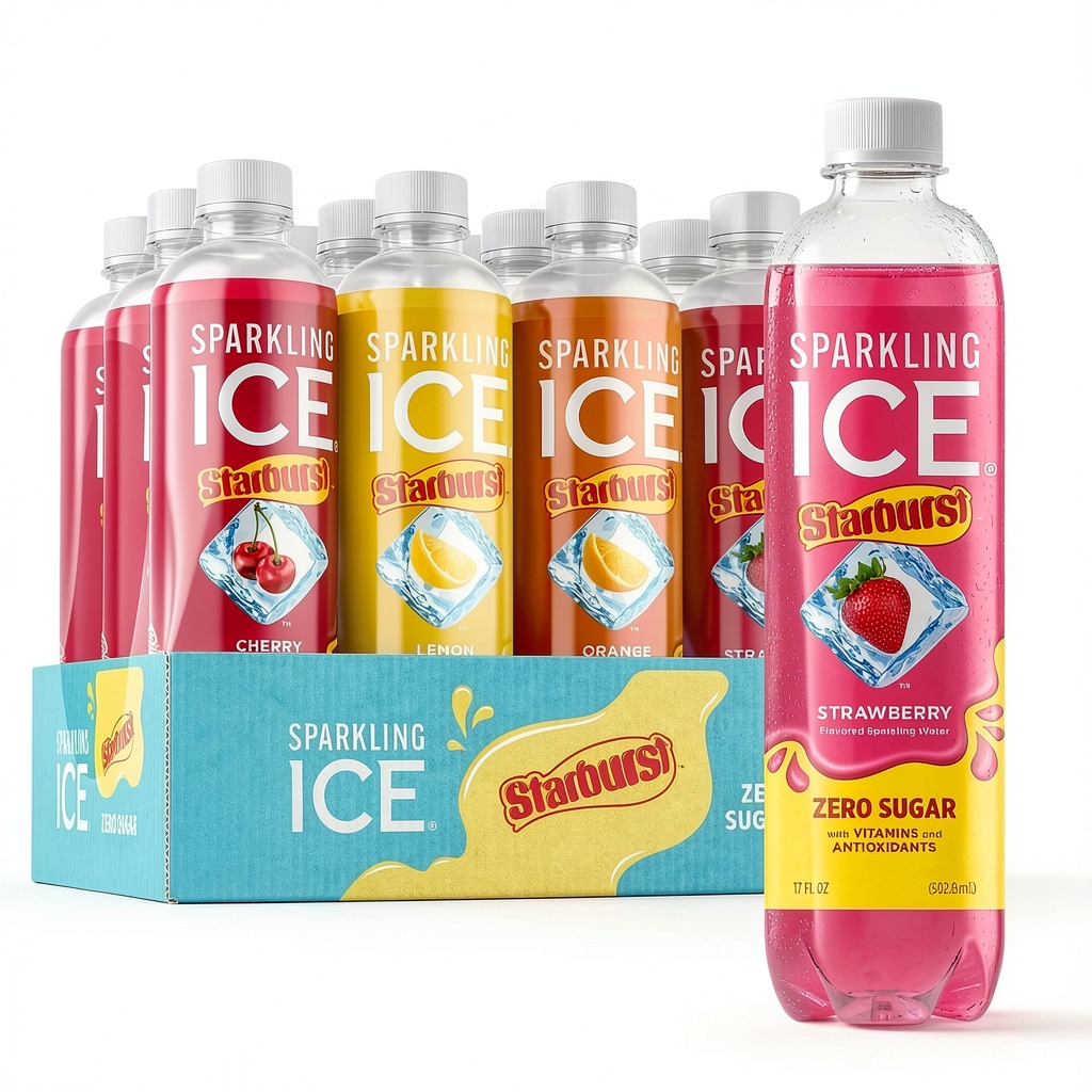 Sparkling Ice STARBURST Variety Pack on a kitchen countertop with cans lined up beside a glass of water